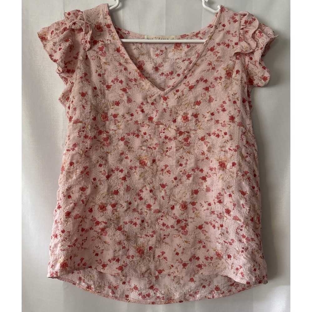 Fair Haven Pink Floral Blouse Size L Ruffle Coquette Feminine Dainty Crinkled